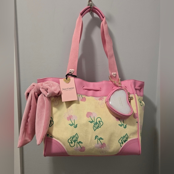 Juicy Couture Handbags - NWT JUICY Couture Retro Velour Daydreamer Cherry Tote In Pink And Yellow Iris.